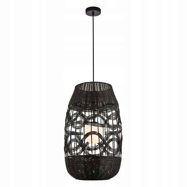 Závěsná lampa boho ratan černá skleněná bílá koule do obývacího pokoje 40 cm Milagro