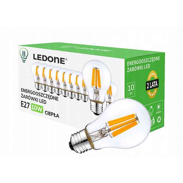 10x Led filamentová žárovka E27 A60 10W bílá Teplá retro Clear Led sada