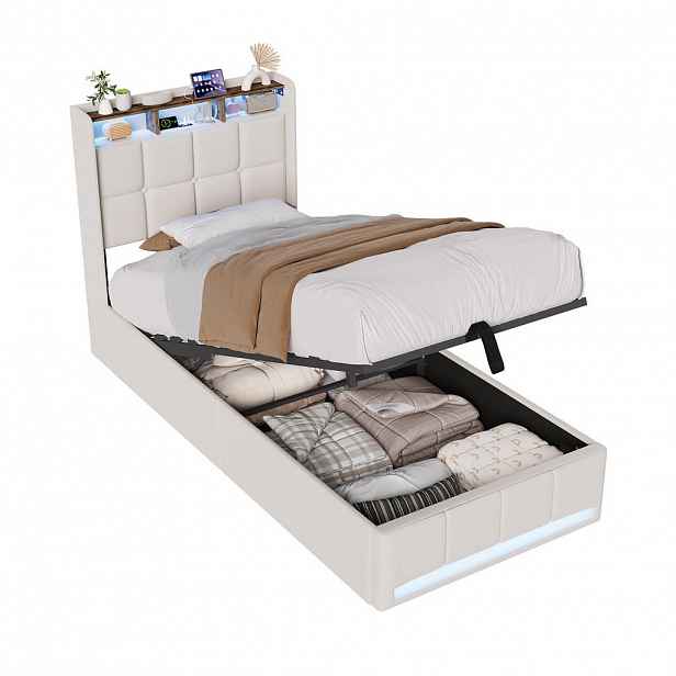 EuroLiving ČALOUNĚNÁ postel 90x200 cm béžová s LED osvětlením, čelem s úložným prostorem a USB/Type-C, hydraulické úložné lůžko