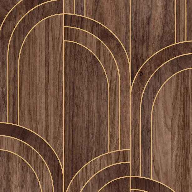 Hnědá tapeta art deco do pokoje geometrická deska dřevo vinylová tapeta