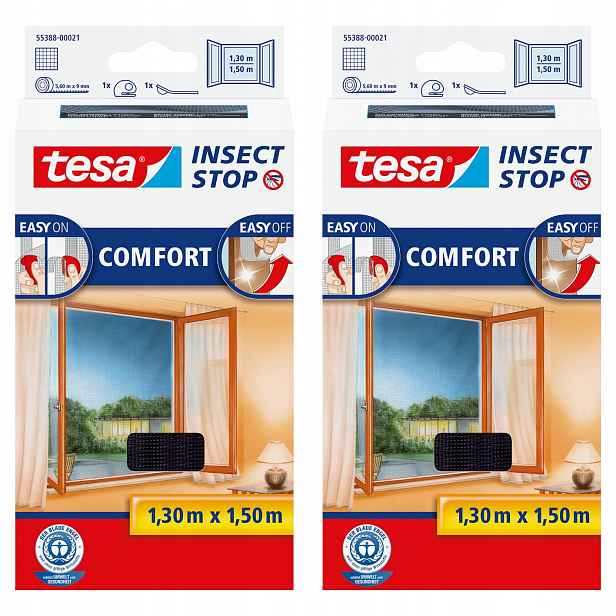 Tesa Comfort Moskytiéra na okno – okenní síť na suchý zip 1,3 x 1,5 m černá x2