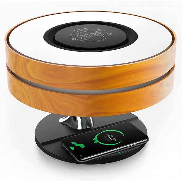 Lampa Noční Stolní Bluetooth reproduktor Bezdrátová nabíječka 10W Hnědá