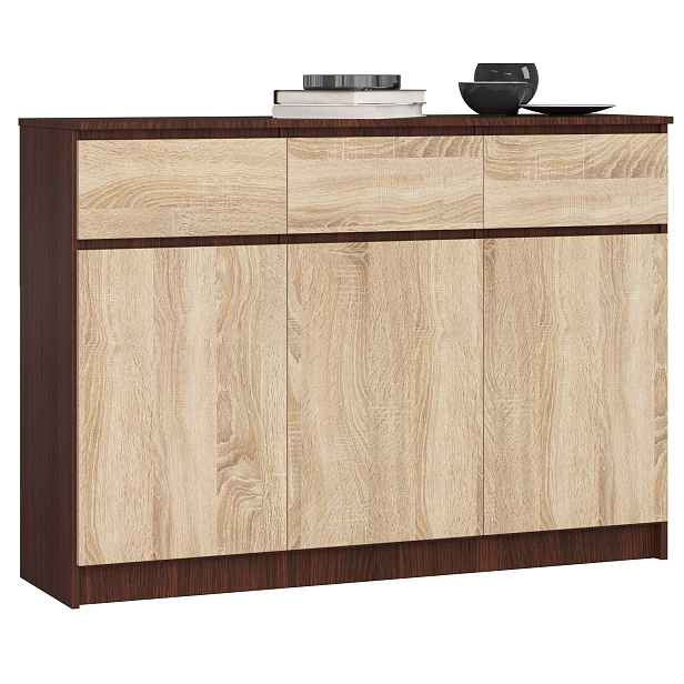 Ak furniture Komoda Karolína 140 cm 3 skříňky a 3 šuplíky wenge/sonoma