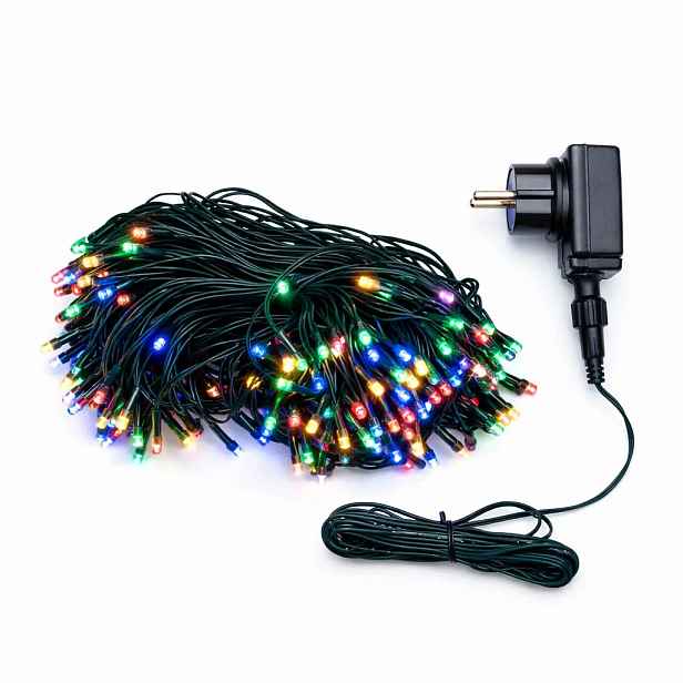 LED světelný řetěz, venkovní, 20 m, barevný, 100 diod, černý kabel, IP44, vč. zdroje