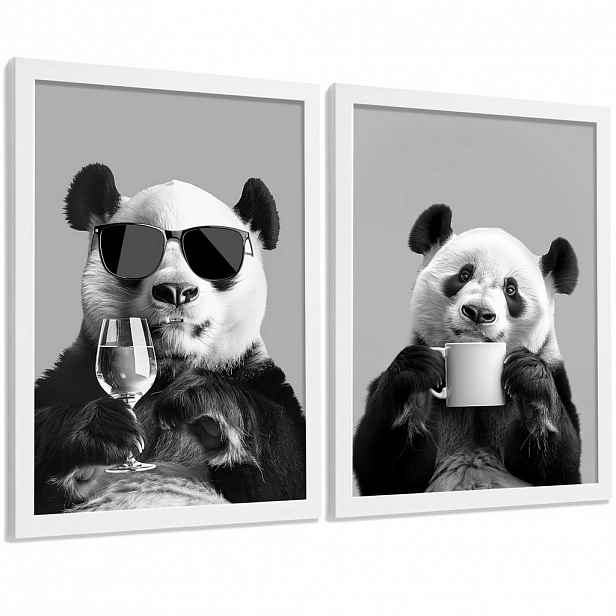 Nacnic PLAKAT Sada 2 Panda Bears A4 Bílý rám