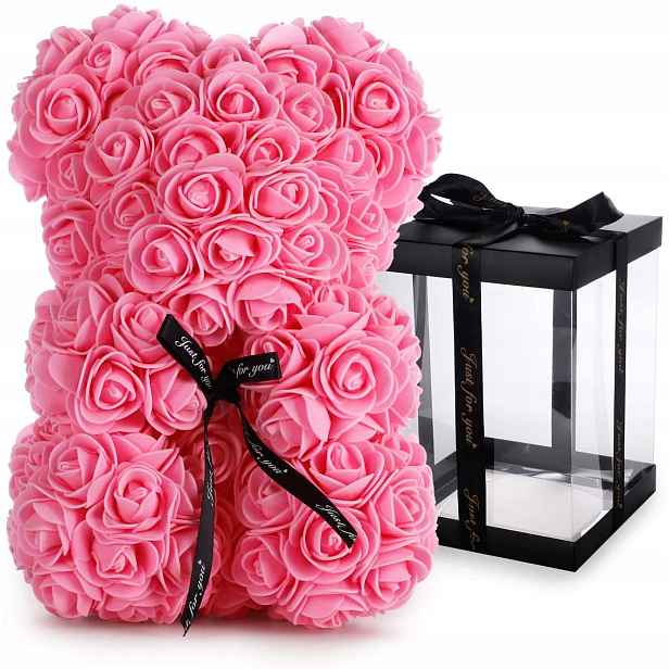 Růžový medvídek s růžemi 25 cm Krabička Dárek Pro Dívku A Valentýna