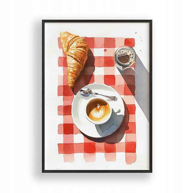 Obraz Káva a Croissant Plakát Rámeček Dřevěný Černý 30x42 cm