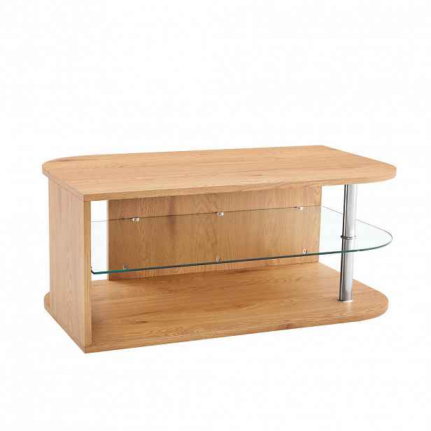 Modfu KONFERENČNÍ stolek z MDF a skla 100x60x42 cm v přírodním dekoru se 2 odkládacími plochami a zaoblenými hranami