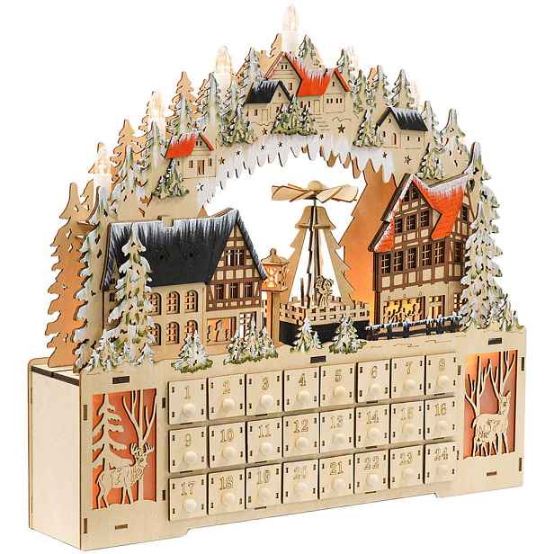 HOMCOM ADVENTNÍ KALENDÁŘ Vánoční kalendář 24 zásuvek s LED světly MDF přírodní dřevo