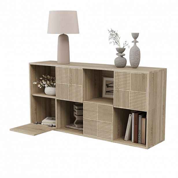 KNIHOVNA 125x30x60 cm, dřevěný lamelový design, úložný prostor v příborníku, přírodní barva