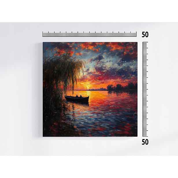 Obraz Na Plátně Canvas Krajina Jezero Loďka Rybář Slunce Západ 50x50