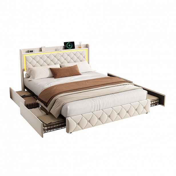 EuroLiving ČALOUNĚNÁ postel 140x200 cm, béžový samet, 4 zásuvky, LED, USB/USB-C, pohodlná, moderní