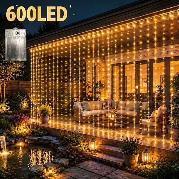 TEMU Závěsná světelná opona s 600 LED diodami, na baterie, 8 světelných režimů, délka 19,69ft × 9,84ft, s teplou bílou a studenou bílou světlem,