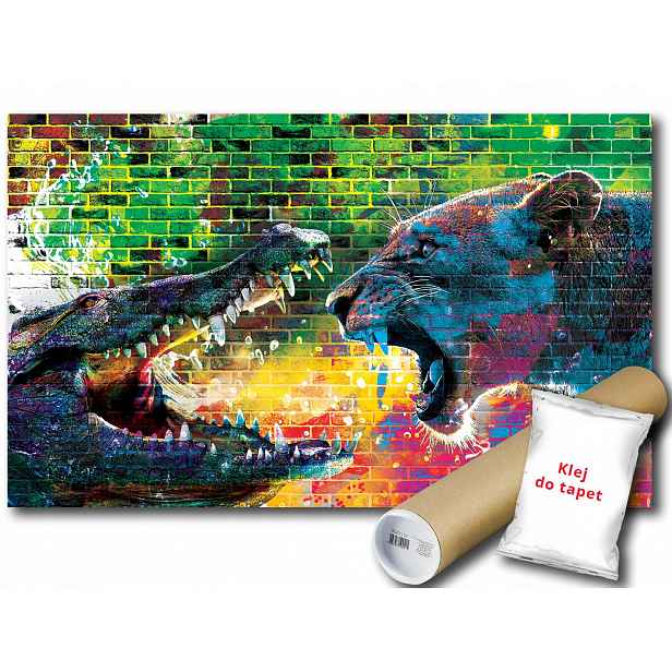 Vinylová Fototapeta Cihlová Zeď Graffiti Street Art Aligator Lwica 416x290