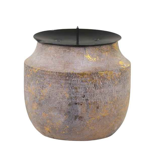 Zlato-přírodní antik dřevěný svícen na sloupovitou svíčku - Ø 9*8 cm Chic Antique