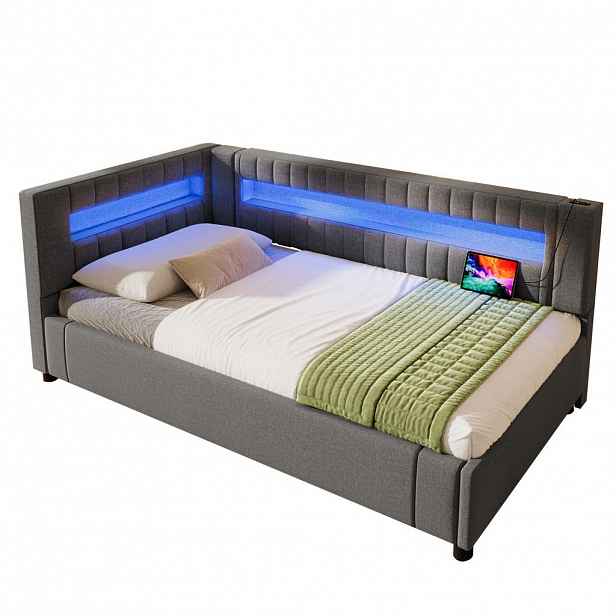 Modfu DENNÍ postel z lnu 90x200 cm šedá s LED osvětlením, USB, USB-C a hydraulickým úložným prostorem