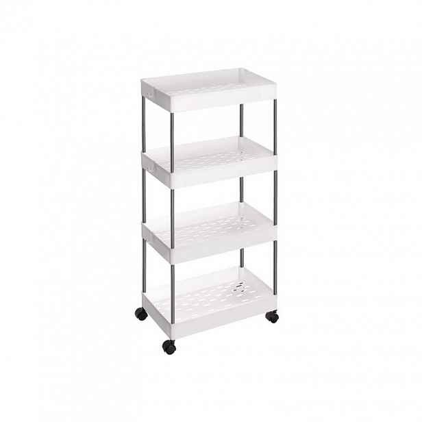 Úzký pojízdný regál na kolečkách, 4 patra, 40x22x86 cm, bílý