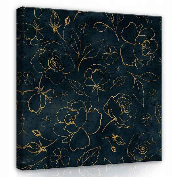 Obraz 80x80 Zlatý vzor tmavé pozadí květy listy elegance luxus