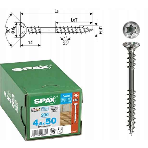 Šroub do fasádních desek, ocel A2 Spax 4,5 x 50 mm, 200 ks