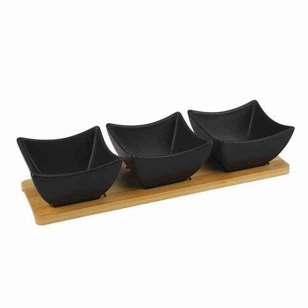 miska 0,25l, 3ks porcelán, podnos 31,5x10x7,5cm, bambus