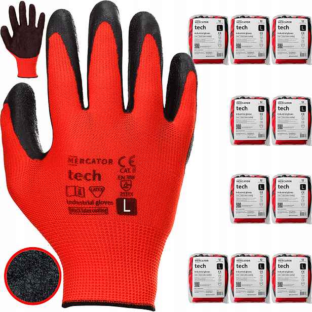 Pracovní Rukavice Red+Black se stahovací šňůrkou Mercator Tech Latex, velikost L – 120 párů