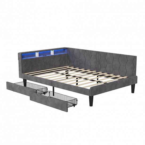 EuroLiving ČALOUNĚNÁ postel 140x200 cm, denní lůžko se 2 zásuvkami, LED a USB, manželská postel s úložným prostorem v čele, šedá