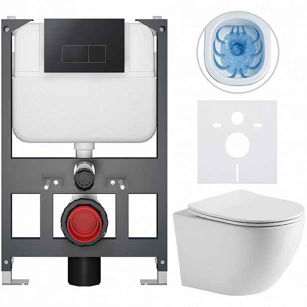 Kompletní WC set Basic/Cesso - bílá lesklá - WC tlačítko Modulo/Černá - závěsné - nízký modul - předstěnová instalace - 49x36 cm - 8050BD85964