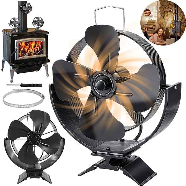 Krbový ventilátor 1400 ot/min černý, tichý <25 dB, poháněný teplem