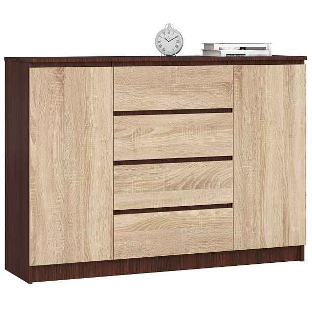 Ak furniture Komoda Kryštof 140 cm 2 skříňky a 4 šuplíky wenge/sonoma