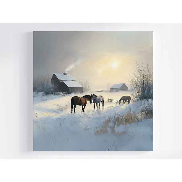 Obraz Na Plátně Plátno Krajina Polsko Zima Sníh Mraz Vesnice Koně 50x50