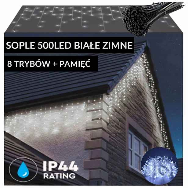 Rampouchy 500 Led Venkovní Osvětlení Vánoční Studená S Pamětí 19 m Stahovací Pásky