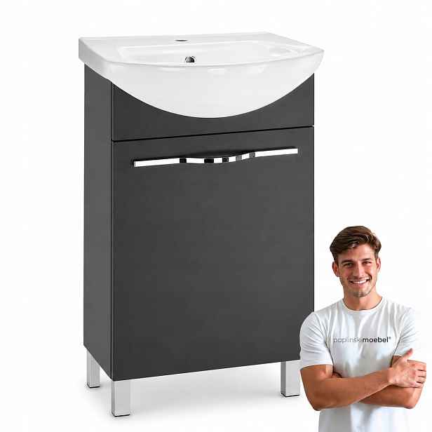 Úzká stojící koupelnová skříňka Slim 50 cm Grafit Mat s keramickým umyvadlem