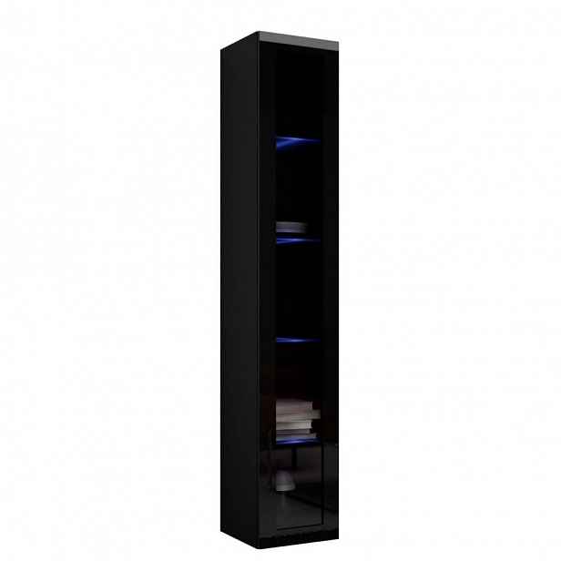 Vysoká závěsná vitrína s LED RGB osvětlením ASHTON - černá / lesklá černá