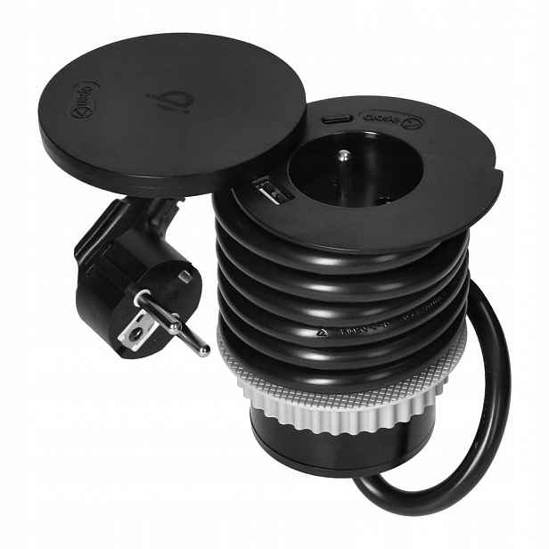 Nábytková zásuvka Ø6 cm 1,5 m, 1x2P+Z, Qi 1.2.4 max. 10W, 2xUSB, černá