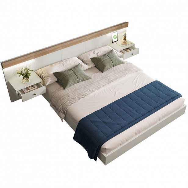 Modfu MANŽELSKÁ postel z dřevěného materiálu 140x200 cm bílá/dub sonoma s LED stolky, USB-C, USB a zásuvkou