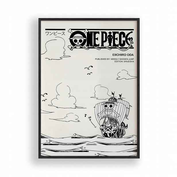 Obraz One Piece Loď Pirátská Manga Plakát Rámeček Dřevěný Černý 30x42 cm