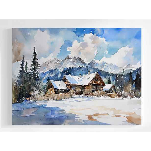 Plakát Zima Krajina Hory Akvarel Domky Alpy Sníh 100x75