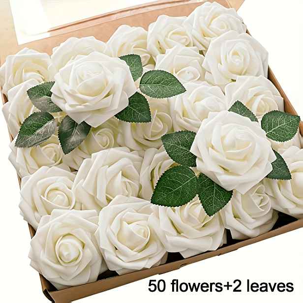 TEMU 52 Umělých Květin, 50 Květů, 2 , Pěnová Růže, Umělá Květina, DIY Svatební Kytice, Bílý Svatební Dárek, Dekorace na Stůl, Středová Dekorace na