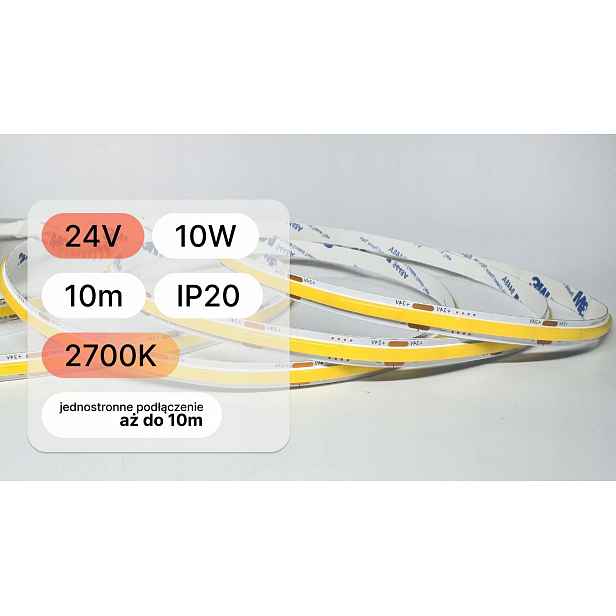 10 metrů Led Páska 24V Cob 10W velmi teplá 2700K jednotná linka