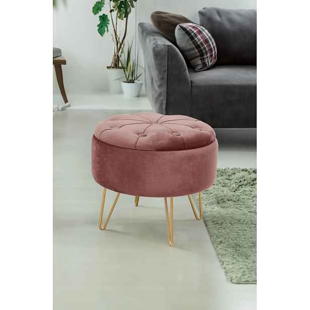Elegantní taburet DRAVIEN s úložným prostorem - růžový / zlatý