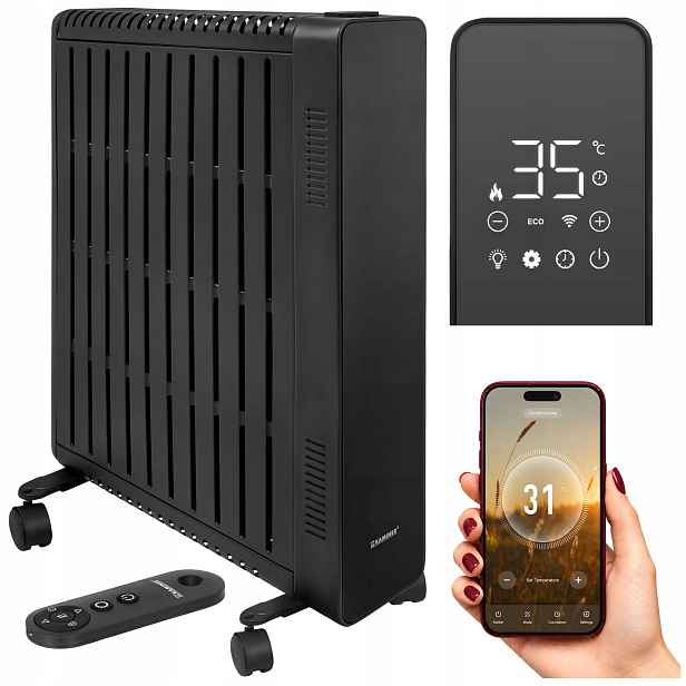 Olejový radiátor Elektrický termostat 2500W 11 žeber Černý WiFi Dálkové ovládání