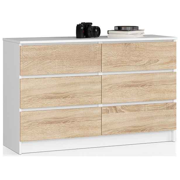 Ak furniture Komoda Kuba 120 cm 6 šuplíků bílá/dub sonoma