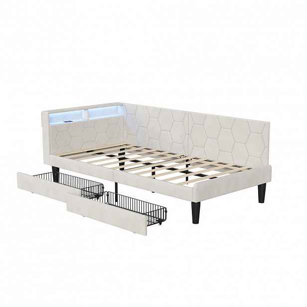 EuroLiving ČALOUNĚNÁ postel 90x200 cm, denní lůžko se 2 zásuvkami, LED a USB, jednolůžko s úložným prostorem v čele, béžová