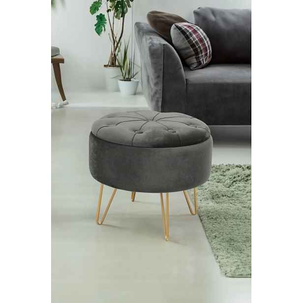Elegantní taburet DRAVIEN s úložným prostorem - šedý / zlatý