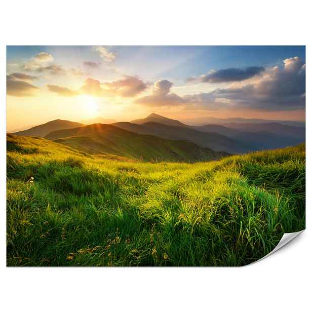 Muralo FOTOTAPETA do Obývacího Pokoje Západ Slunce Hory Louka Tráva 450x315
