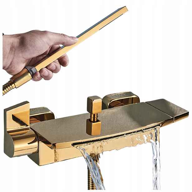 Nástěnná Vanová Baterie Zlatá Vodopádová Polička A Baterie Do Vany Se Sprchou