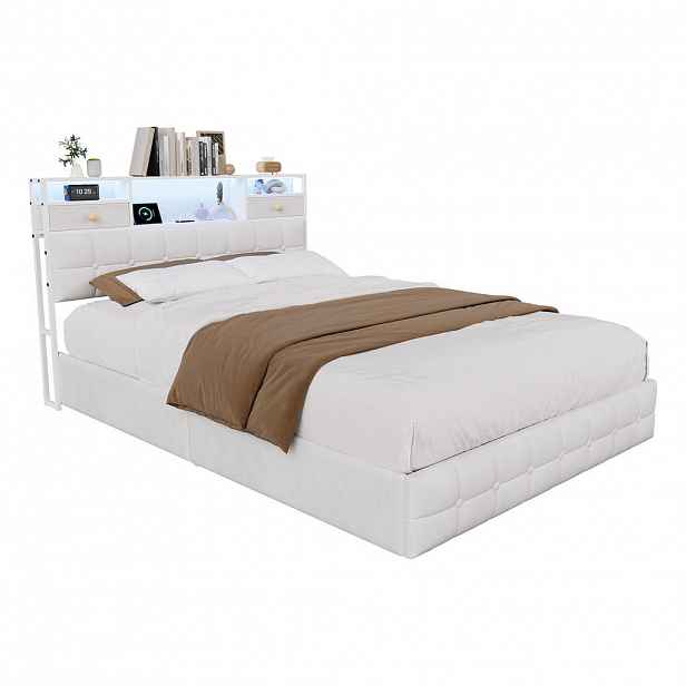 ČALOUNĚNÁ postel 140x200 cm béžová s LED, USB a Type-C, úložným čelem a boxem na lůžko
