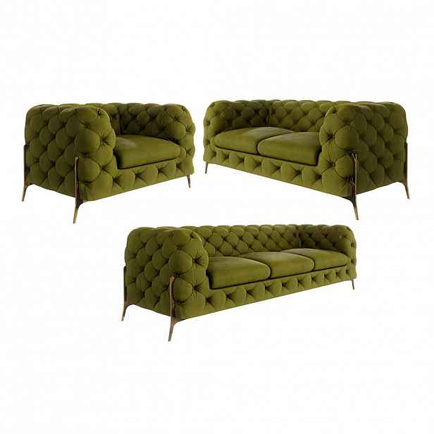 S-Style CHESTERFIELD SEDACÍ SOUPRAVA 3+2+1 Lexi v olivové se zlatými nohami