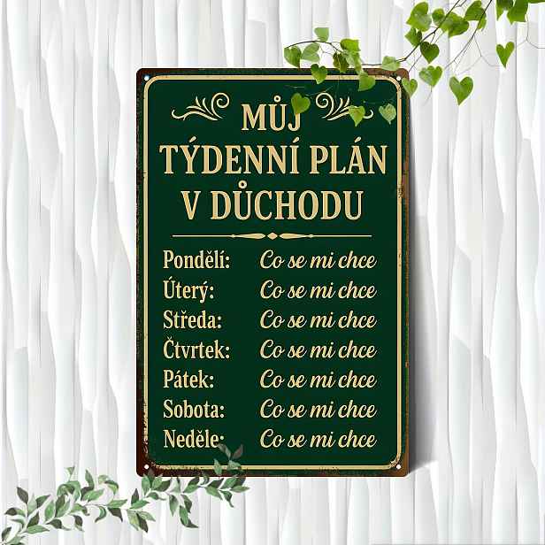 TEMU 2D plochá - Vintage česká kovová plaketa na Velikonoce, o rozměrech 20x30 cm, vyrobená a zobrazující vtipný citát o odchodu do důchodu. Tato