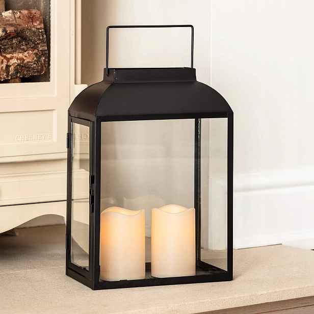 Zahradní lampa kovová 35 cm Lampion černá 2 Led svíčky Časovač IP44